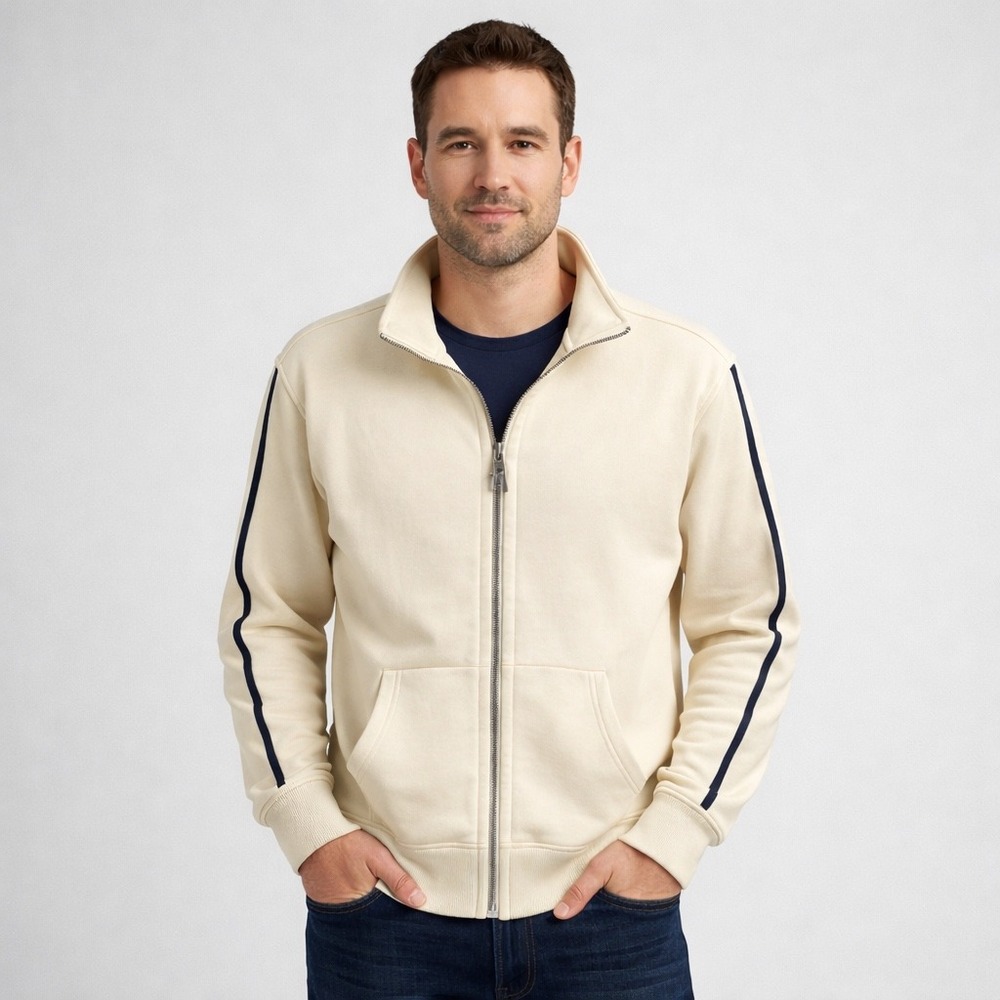 Gap Full Zip Sweatshirt Mens Medium Cream Navy Side Stripe Mock Neck 375368-00-1